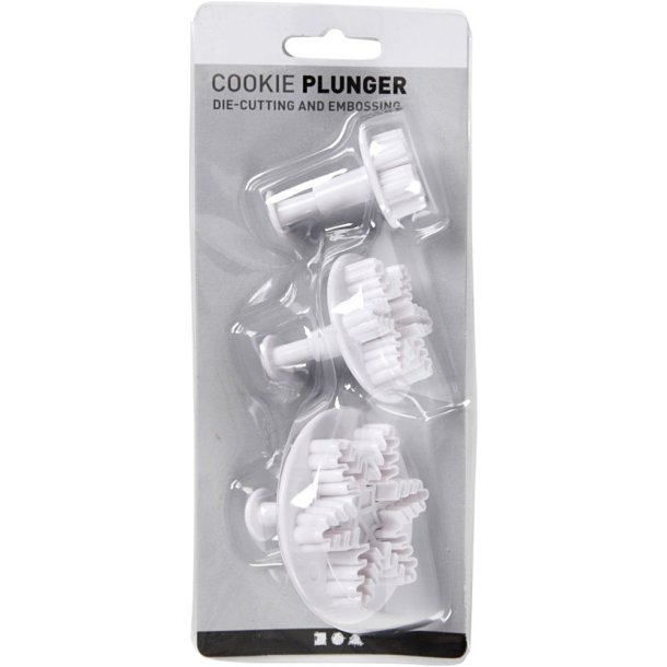 Udstikkere med pr�g 3 stk. snekrystal, diam. 3,2+4,8+6,5 cm, hvid